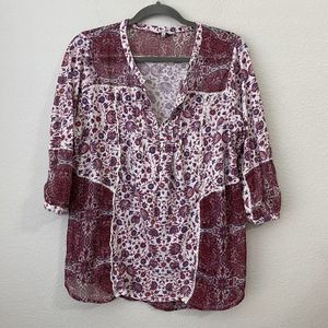 Lucky Brand Blouse Top Womens Size 1X Floral Boho Sheer Detail Red